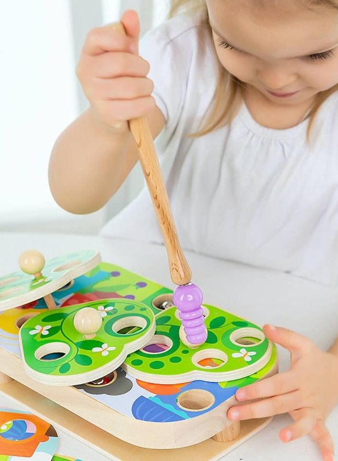 Wooden Magnetic Fishing Game For Kids Toys, Pole And Rod Caterpillars Board, Preschool Board Games, Wooden Puzzle, Early Learning Educational Fishing Game Toys For Boys And Girls 3+ Years