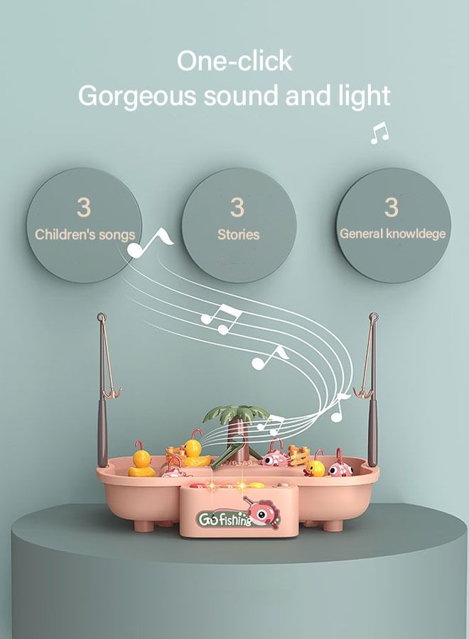 Fishing Game Toys with Rotating Pond, Yellow Duck and Pink Fish, Water Table Toy Fishing Set Premium Version, Learning Educational Fishing Toy with Music and Light for Boys Girls