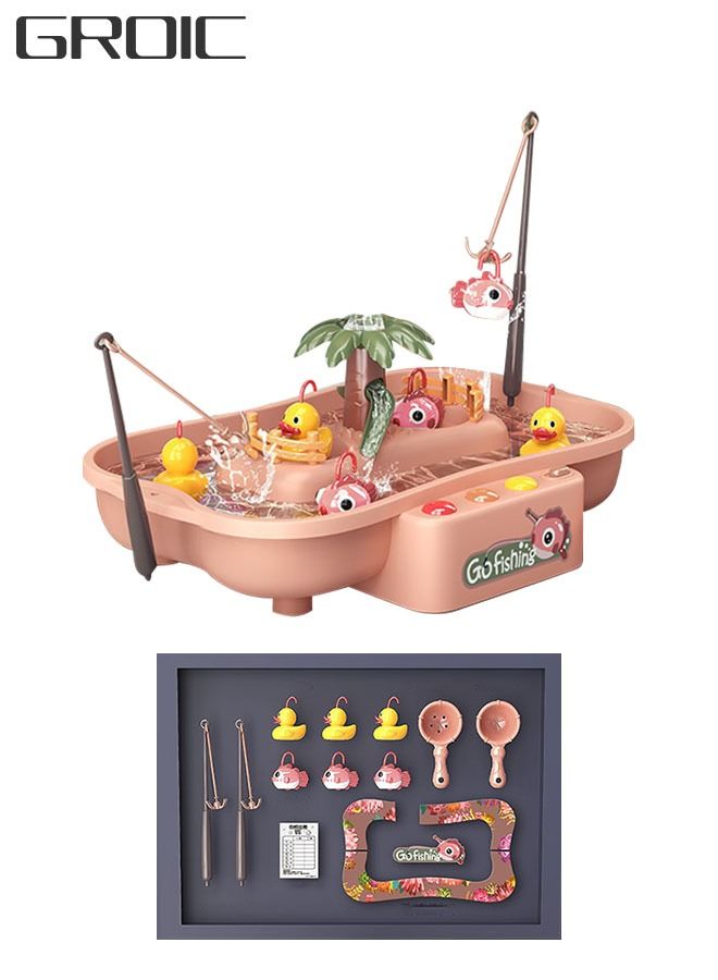Fishing Game Toys with Rotating Pond, Yellow Duck and Pink Fish, Water Table Toy Fishing Set Premium Version, Learning Educational Fishing Toy with Music and Light for Boys Girls