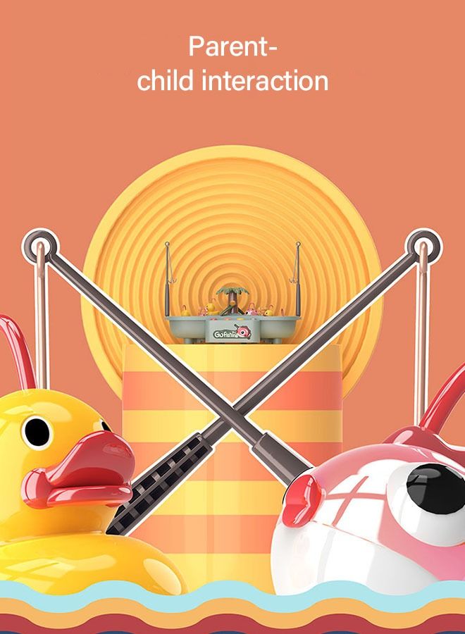 Fishing Game Toys with Rotating Pond, Yellow Duck and Pink Fish, Water Table Toy Fishing Set Premium Version, Learning Educational Fishing Toy with Music and Light for Boys Girls