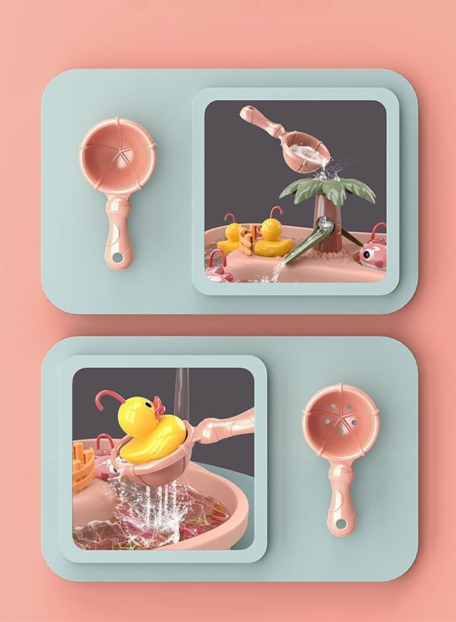 Fishing Game Toys with Rotating Pond, Yellow Duck and Pink Fish, Water Table Toy Fishing Set Premium Version, Learning Educational Fishing Toy with Music and Light for Boys Girls