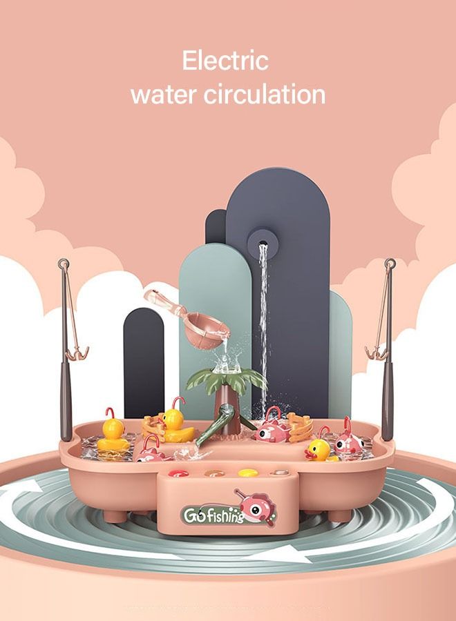 Fishing Game Toys with Rotating Pond, Yellow Duck and Pink Fish, Water Table Toy Fishing Set Premium Version, Learning Educational Fishing Toy with Music and Light for Boys Girls