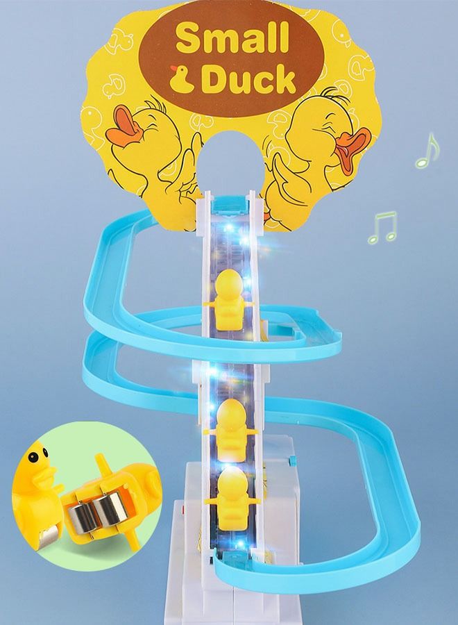 Fun Playful Yellow Duck Race Set with Flashing Lights & Music,Climb Stairs Toy Roller Coaster Toy, Jolly Duck Slide Playset