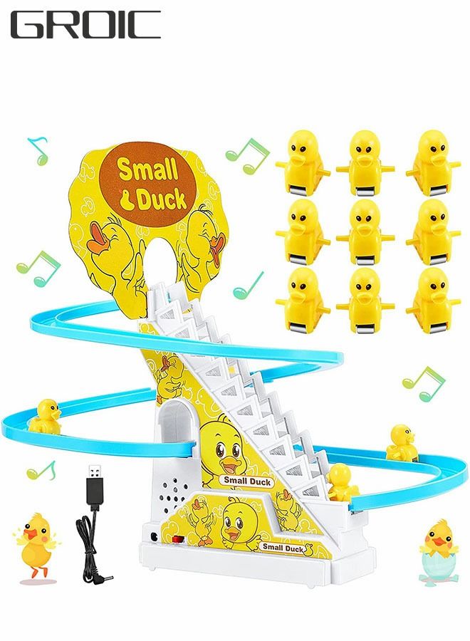 Fun Playful Yellow Duck Race Set with Flashing Lights & Music,Climb Stairs Toy Roller Coaster Toy, Jolly Duck Slide Playset