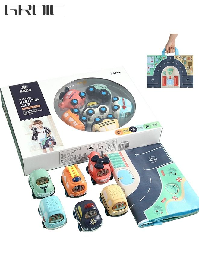 GROIC Cartoon Pull Back Diecast Car 6 Pcs Mini Toy Set with Map Storage Bag for Kids