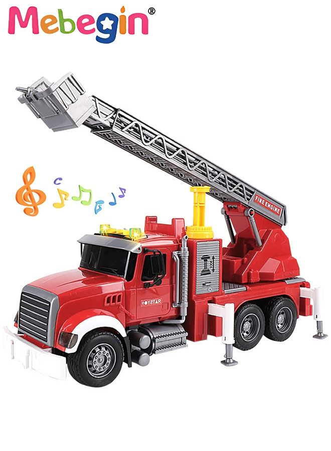 Fire Truck Toy with Lights and Sounds Friction Powered Car Fire Engine Truck with Water Pump Sirens and Extending Ladder Firefighter Toy Truck for Toddler