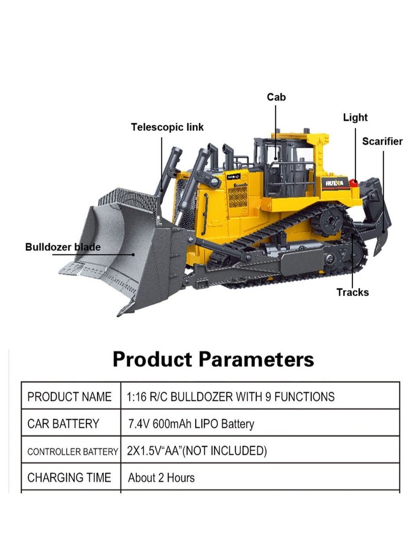 RC Bulldozer 1/16 9CH Remote Control Front Loader Tractor 2.4G Construction Vehicles