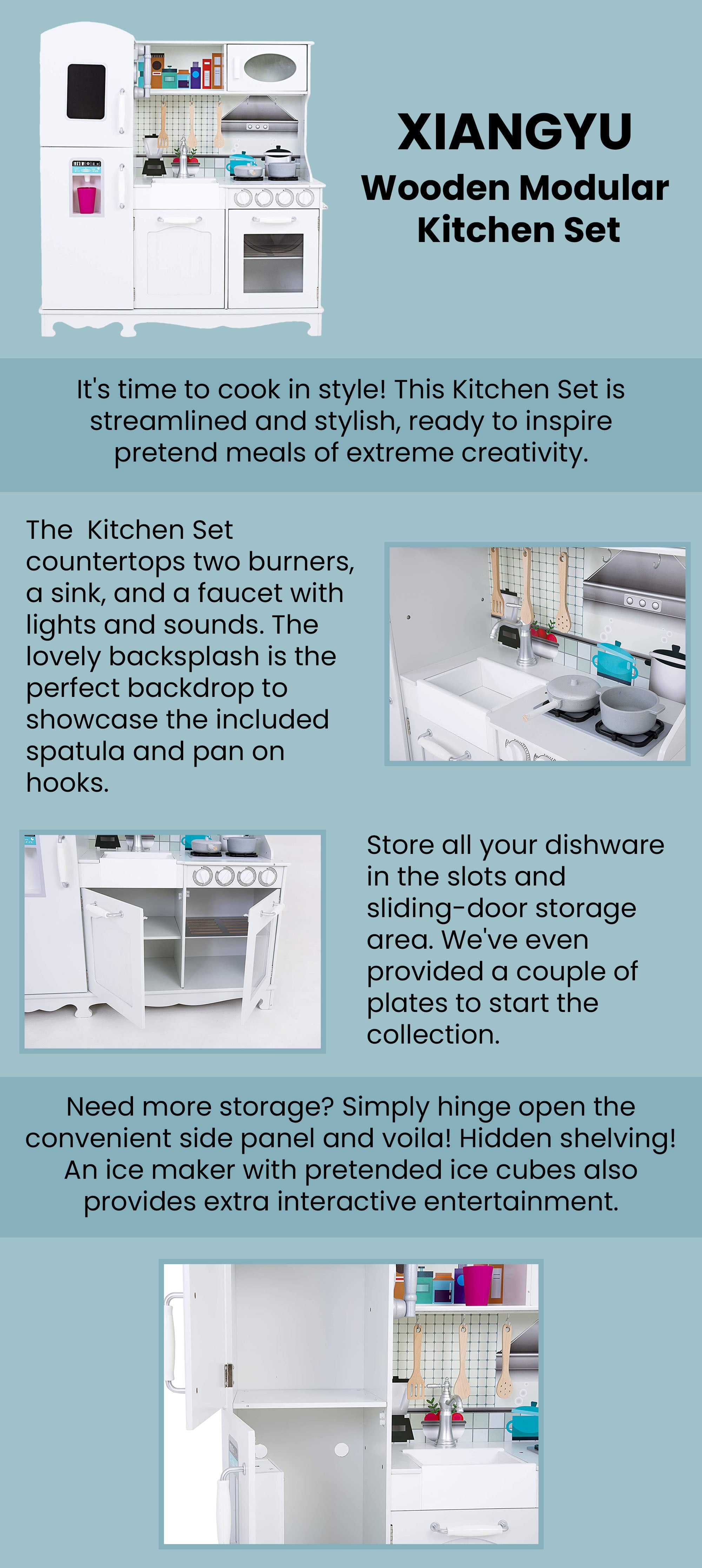 Wooden Modular Kitchen Set For Kids, 3+ Years - White 95x30x103cm