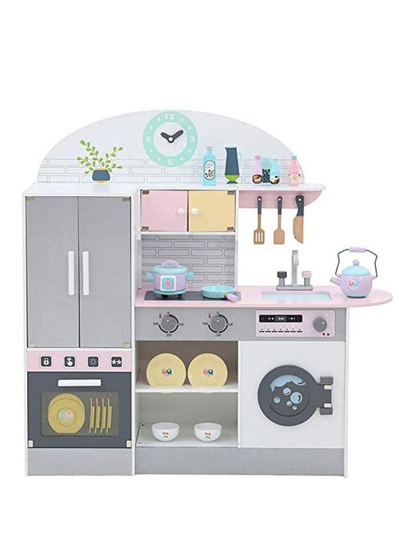 Large Wooden Kitchen With Kitchen Accessories, Oven, And Refrigerator For Boys and Girls