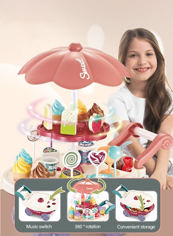 30PCS Rotating Ice Cream Cart Play Set for Kids Educational Ice Cream Shop Trolley Truck with with Music & Lighting - Great Gift for Girls and Boys