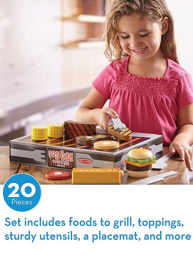 Wooden Bbq Playset Grill Set Toys For Kids, 20Pcs Portable Little Chef Pretend Play Toys For Kids With Bbq Accessories Toys, Role Play Cooking Kitchen Set Toys For Kids 2+Years Girls Boys