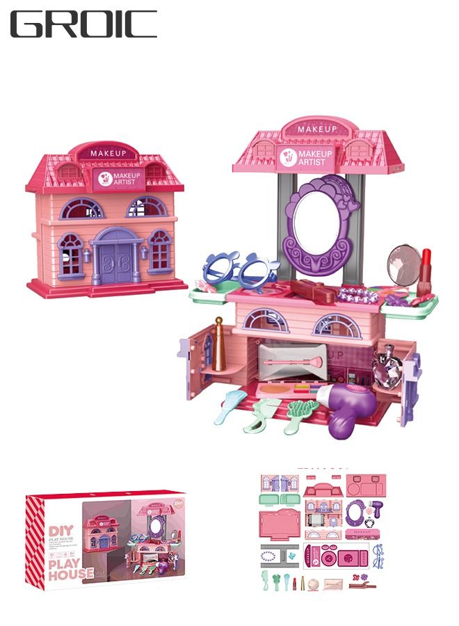 2-in-1 Vanity Table Set Girls Toy Makeup Accessories with Mirror, Makeup Pretend Cosmetics, Hair Dryer and Beauty Accessories,Makeup Toys Pretend Play House 31PCS