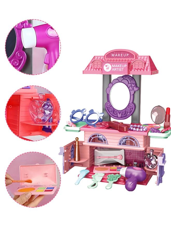 2-in-1 Vanity Table Set Girls Toy Makeup Accessories with Mirror, Makeup Pretend Cosmetics, Hair Dryer and Beauty Accessories,Makeup Toys Pretend Play House 31PCS