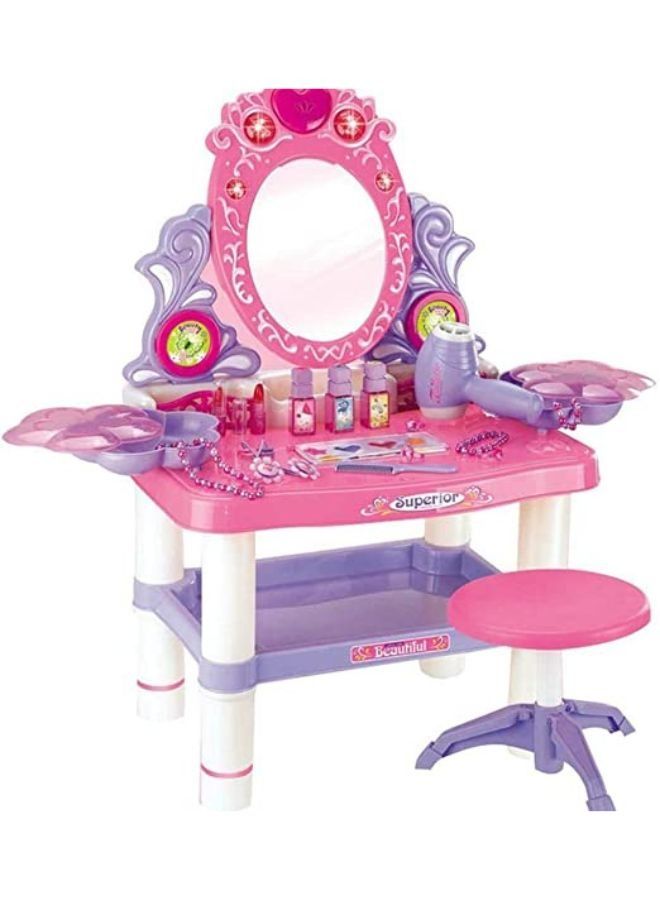 Toy Vanity Table Makeup Dressing Table Toy Playset, Pretend Play Makeup Kit Toy Vanity with Mirror Lipstick Hair Dryer Jewelry and Chair for Kids Girls