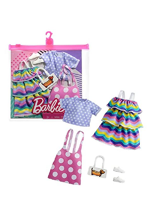 Barbie Fashions 2Pack Clothing Set, 2 Outfits Doll Include Pink Polkadot Jumper, Purple Polkadot Top, Striped Dress & 2 Accessories, Gift For Kids 3 To 8 Years Old , White