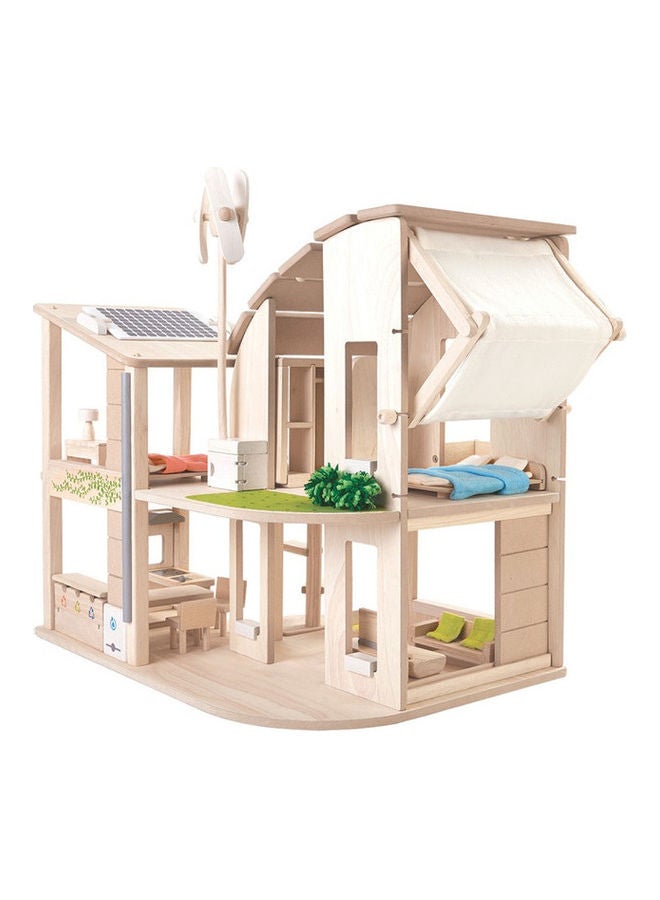 Wooden Green Dollhouse With Furniture 55.5 x 45.5 x 56.7cm