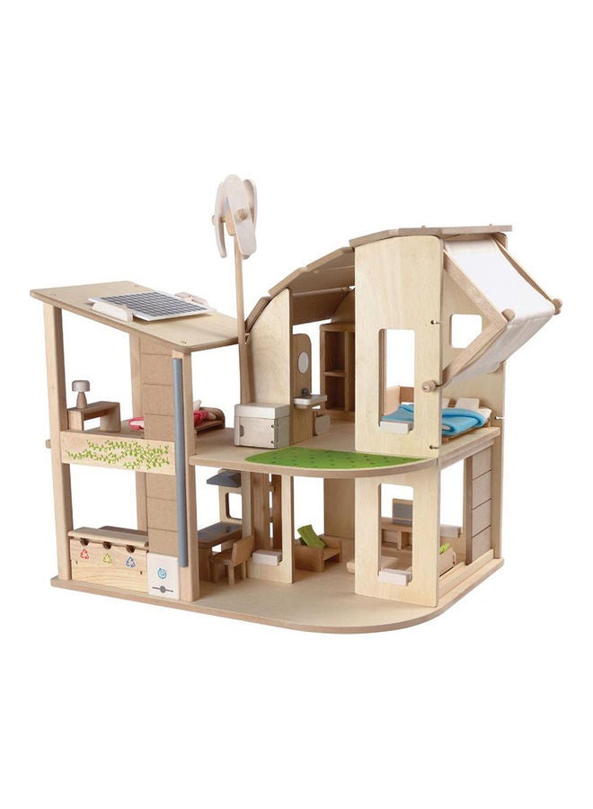 Wooden Green Dollhouse With Furniture 55.5 x 45.5 x 56.7cm
