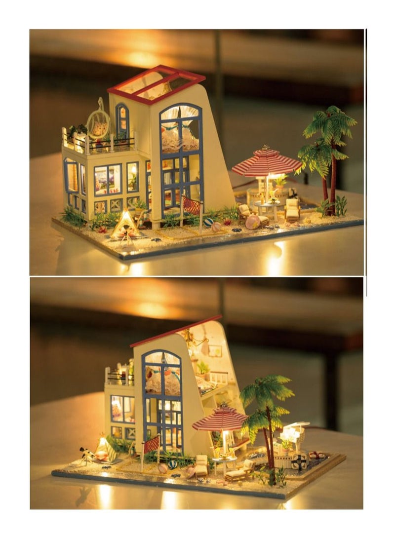 DIY Wooden Doll House Blue Sky With LED Furniture