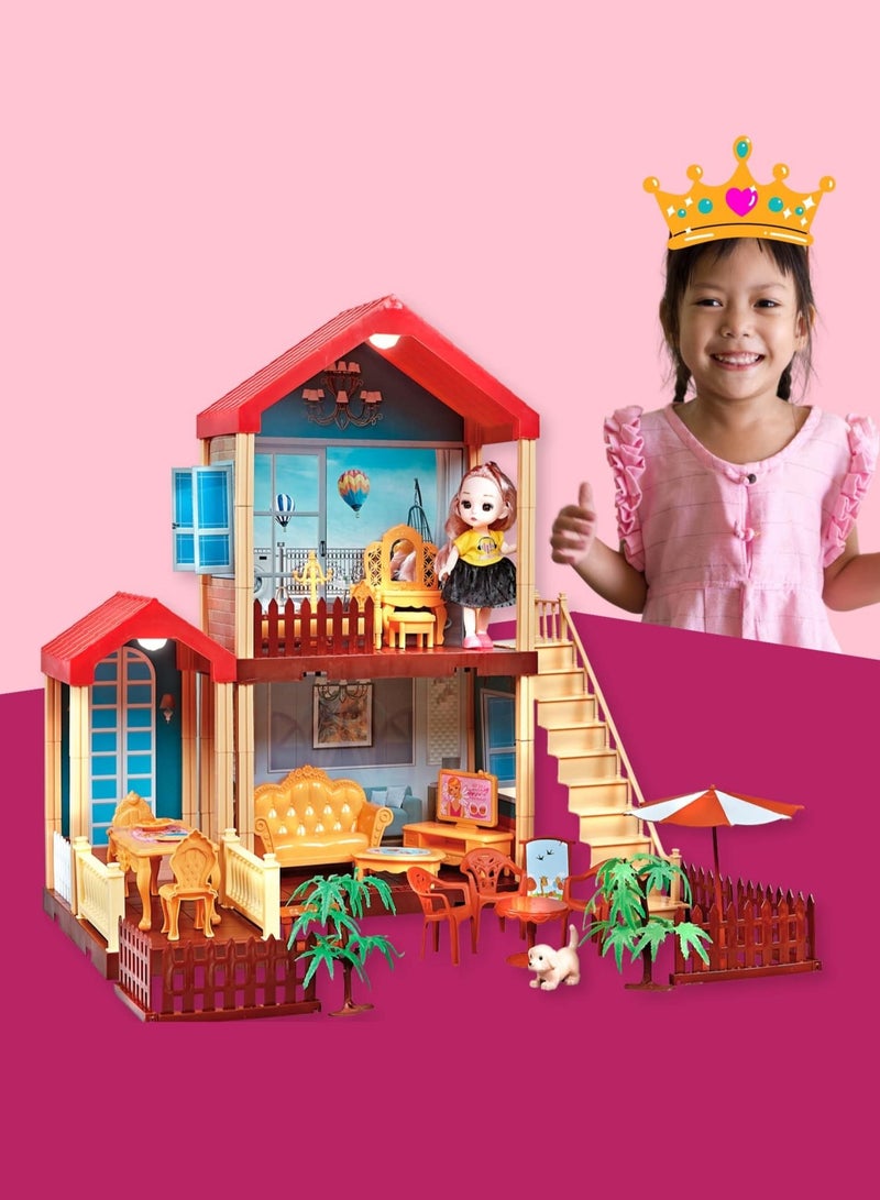 Fitto 3 Rooms Large 2 Floors Dollhouse Playset, Girls Doll House with Doll, Stairs, Furniture, and Accessories, Red