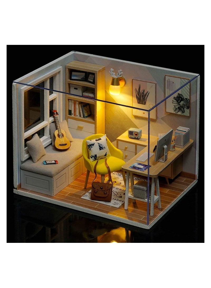 DIY Miniature Dollhouse Kit, SYOSI 1:32 Scale Creative Room Mini Wooden Doll House with Furniture Plus Dust Proof for Kids Teens Adults Assemble the Model (Sunshine Study Room)