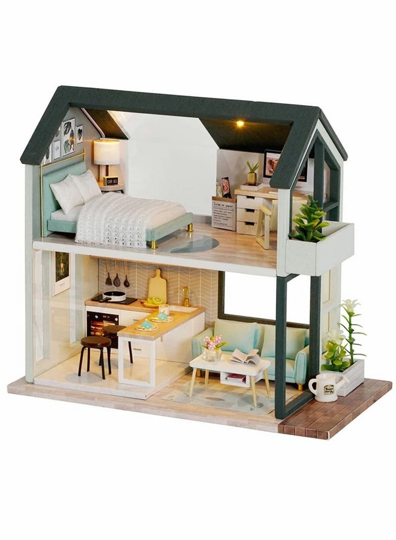 Dollhouse, Miniature Dollhouse DIY, Kit with Furniture 3D Wooden House Dust Cover, for kid's Educational Toys (QL01)