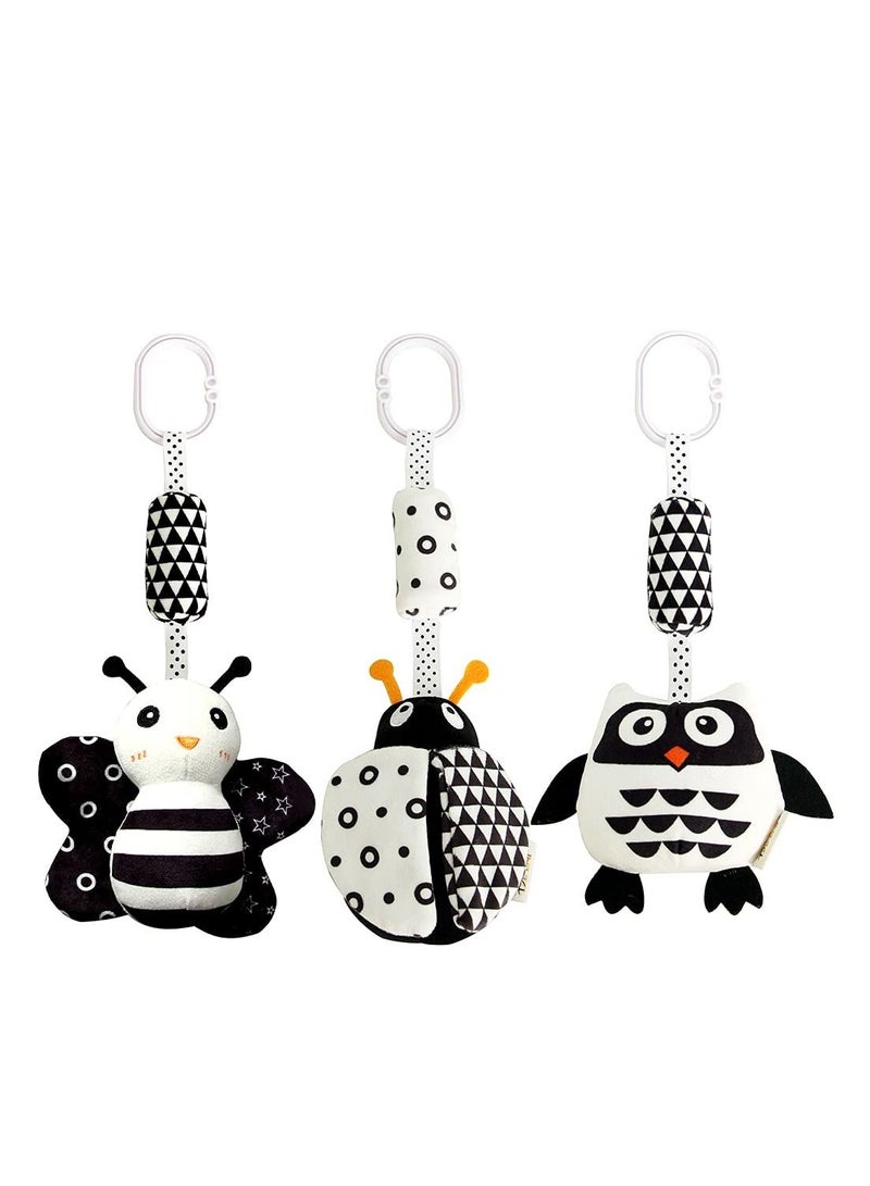 Hanging Rattle Toys, High Contrast Baby Toys and Plush Stroller Toys, Newborn Car Seat Toys with Black and White Cartoon Shapes Ladybug, Bee & Owl for Babies 0-36 Months (3 Pack)