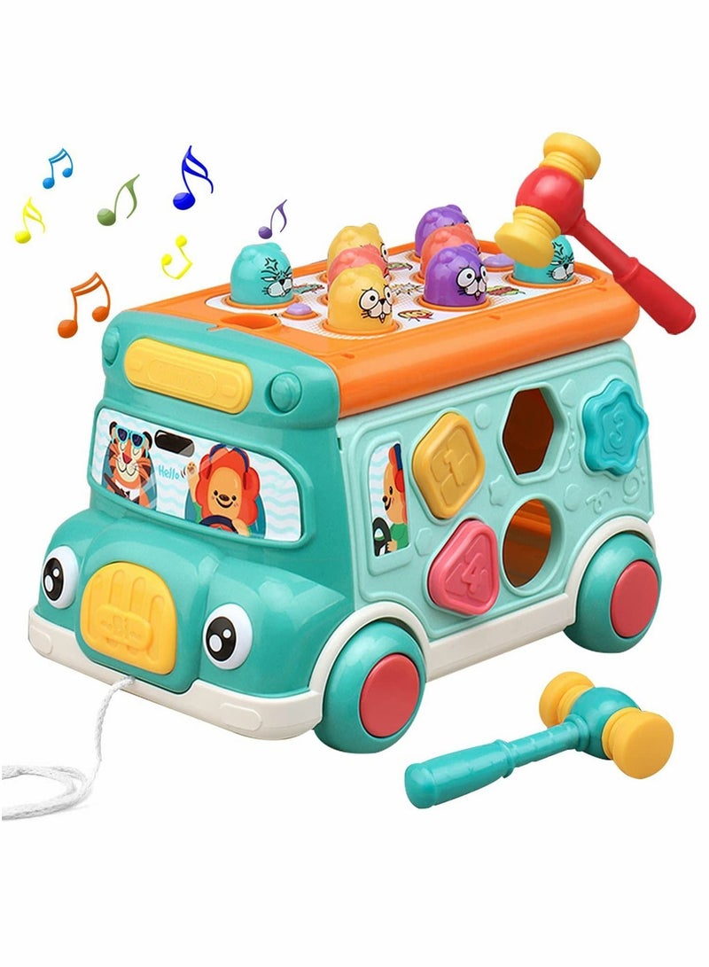 Baby Musical Learning Toys Cute Push Pull Bus Toy with Sound Light Game Shape Matching Gear Clock Activity Early Education Gift for Toddler Boys Girls