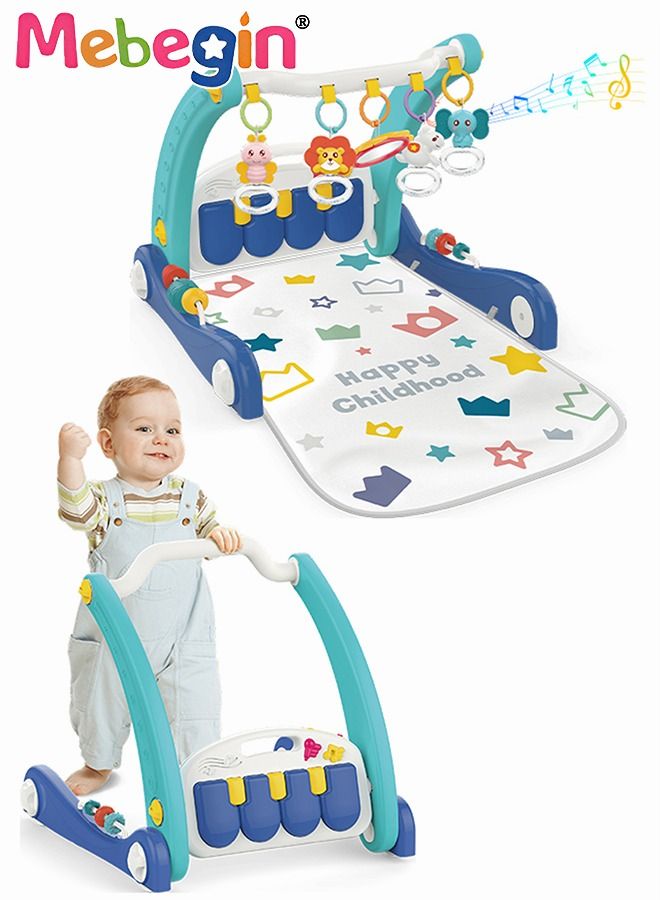 2-In-1 Sit-to-Stand Foldable Baby Walker & Musical Pedal Piano Playmat with Detachable Rattle Pendants Mat 4 Modes
