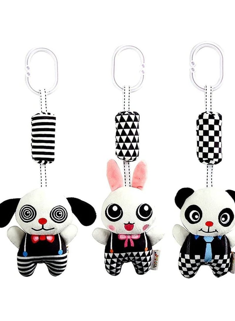 3 Pack Hanging Rattle Toys ,High Contrast Baby and Plush Stroller for Babies 0-36 Months,Newborn Car Seat with Black White Cartoon Shapes,(Panda,Dog & Rabbit)
