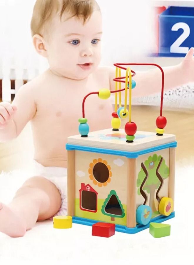 Wooden Bead Maze Activity Center Cube Shape Sorter Educational Kids Learning Sensory Toys