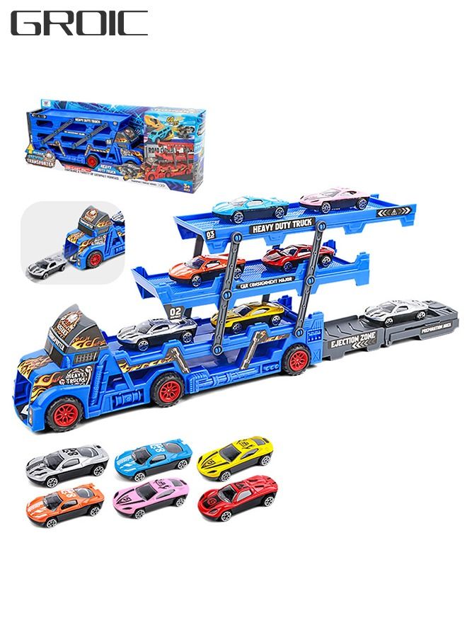 Vehicle Playset Hauler Carrier Truck with Track, Launcher, 6 Metal Die-Cast Vehicles, Construction and Race Cars Toys Launch and Haul Push Pull Around Gift for Boys Kids Eye-Hand Coordination