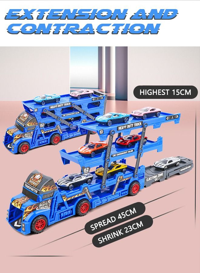 Vehicle Playset Hauler Carrier Truck with Track, Launcher, 6 Metal Die-Cast Vehicles, Construction and Race Cars Toys Launch and Haul Push Pull Around Gift for Boys Kids Eye-Hand Coordination