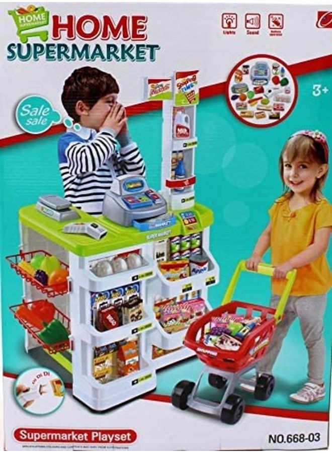 Home Supermarket Toys Children's Simulation Supermarket Shopping Cart Combination Set Scan Cash Register Toys Supermarket Combination Set and Scanner Colour green