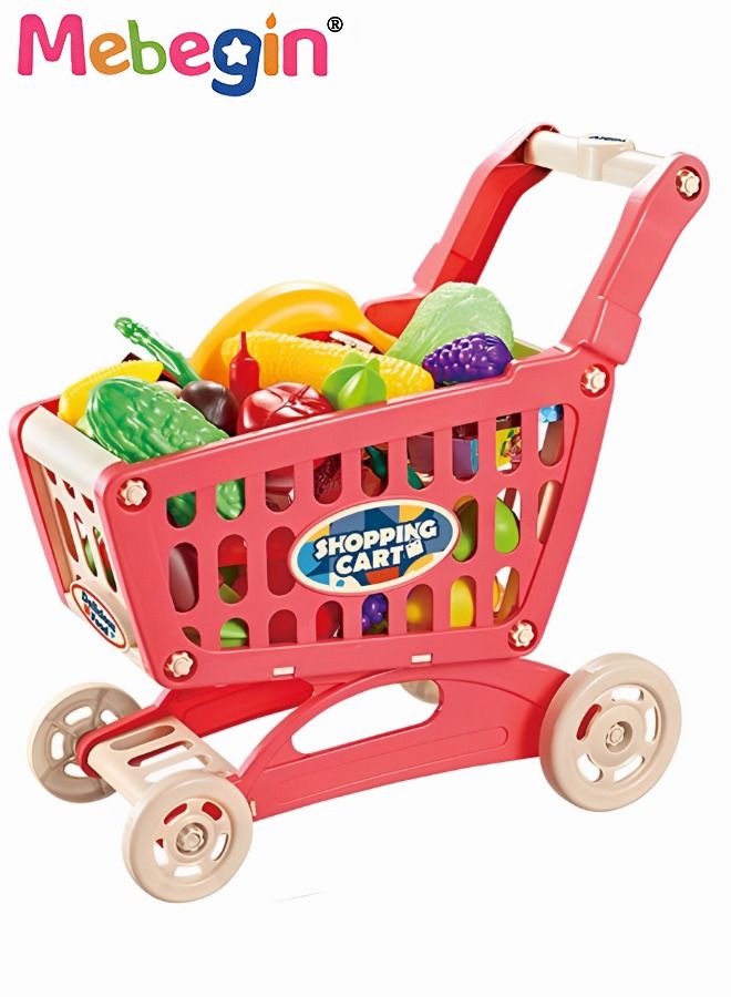 Grocery Shopping Cart Toy Deluxe Toy Shopping Cart With Pretend Play Food Accessories For Kids 3+, 25 Piece