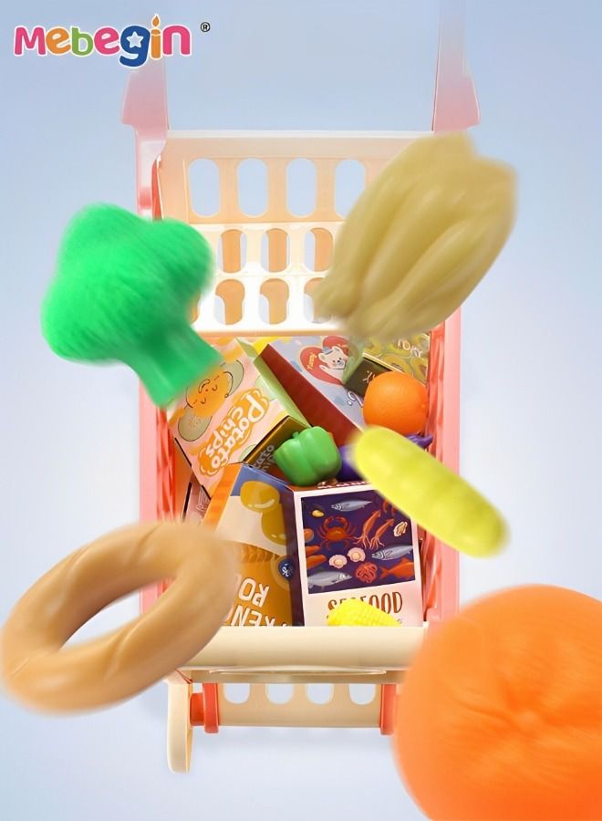 Grocery Shopping Cart Toy Deluxe Toy Shopping Cart With Pretend Play Food Accessories For Kids 3+, 25 Piece