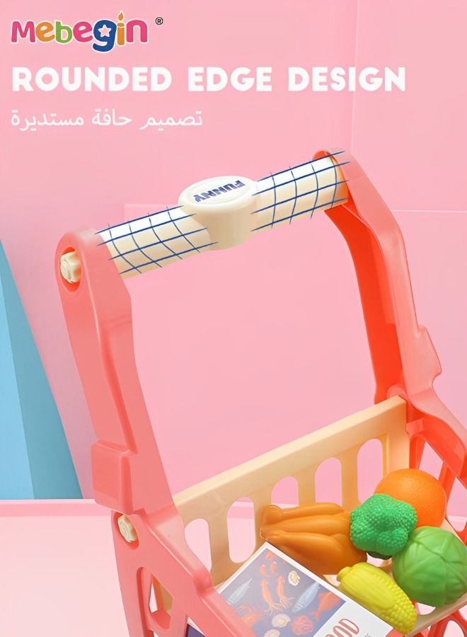 Grocery Shopping Cart Toy Deluxe Toy Shopping Cart With Pretend Play Food Accessories For Kids 3+, 25 Piece