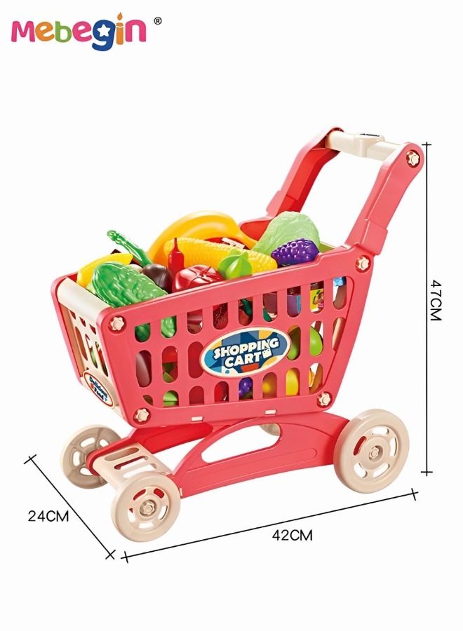 Grocery Shopping Cart Toy Deluxe Toy Shopping Cart With Pretend Play Food Accessories For Kids 3+, 25 Piece