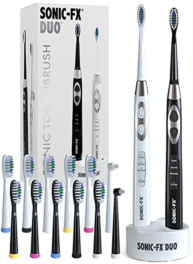 Duo Dual Handle Rechargeable Electric Toothbrush Set For Adults And Kids - 3 Modes, Smart Auto-Timer - With Charging Dock Brush Holder And 14 Brush Heads - Black And White