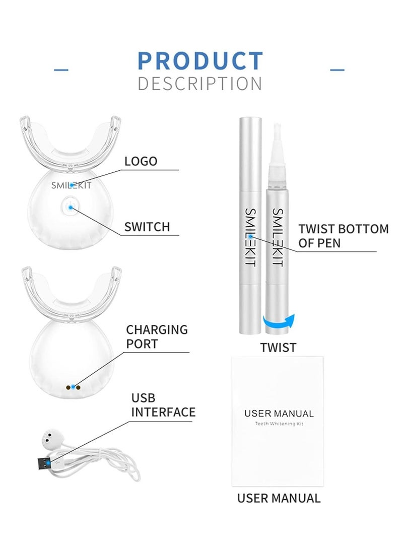 Home Wireless Teeth Whitening Kit Teeth Whitening Gel with 16 Points LED Accelerator Light and Tray Teeth Whitener Helps to Remove Stains Rechargeable Teeth Whitening Kit White