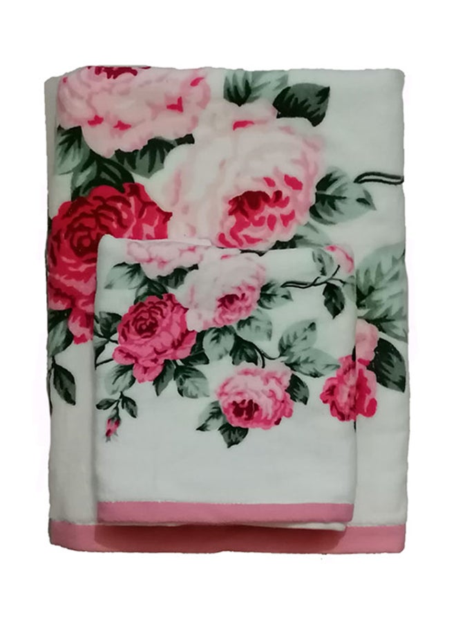 2-Piece Rose Printed Bath Towel Set Pink 72×140/34×73cm