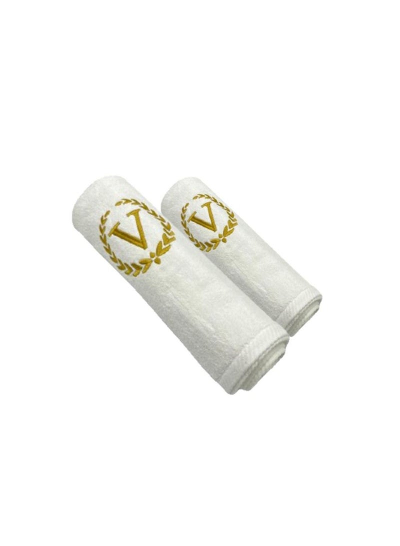 Embroidered For You (White) Luxury Monogrammed Towels (Set of 1 Hand & 1 Bath Towel) 100% cotton, Highly Absorbent and Quick dry, Classic Hotel and Spa Quality Bath Linen-600 Gsm (Golden Letter V)