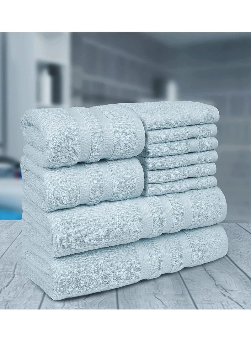 Set of 10 Zofty Bathroom Towel Set - 2 Bath Towels, 2 Hand Towels and 6 Washcloths - Hotel Quality and Spa Towels Light Blue 600GSM