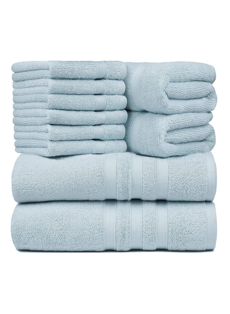 Set of 10 Zofty Bathroom Towel Set - 2 Bath Towels, 2 Hand Towels and 6 Washcloths - Hotel Quality and Spa Towels Light Blue 600GSM