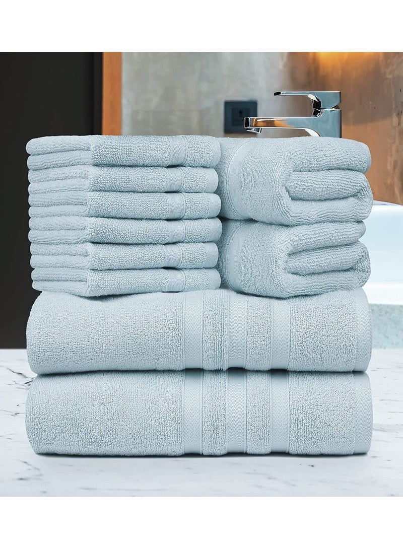 Set of 10 Zofty Bathroom Towel Set - 2 Bath Towels, 2 Hand Towels and 6 Washcloths - Hotel Quality and Spa Towels Light Blue 600GSM