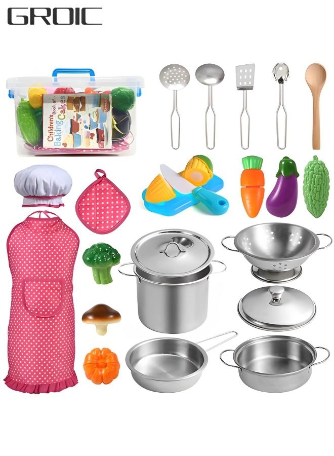 Kitchen Pretend Play Toys,Baking and Cooking Chef Costume Toys Set Include Apron Chef Hat Oven Mitt Spoons Spatula Cutting Vegetables and more