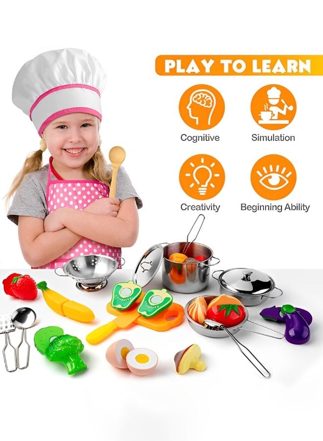 Kitchen Pretend Play Toys,Baking and Cooking Chef Costume Toys Set Include Apron Chef Hat Oven Mitt Spoons Spatula Cutting Vegetables and more