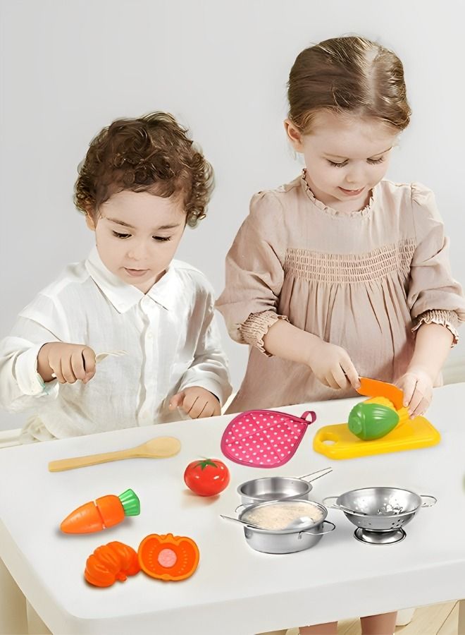 Kitchen Pretend Play Toys,Baking and Cooking Chef Costume Toys Set Include Apron Chef Hat Oven Mitt Spoons Spatula Cutting Vegetables and more