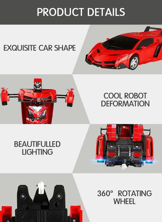 RC Car, Transforming Robot Car Toy with LED Light, One Button Transform, 360° Rotation Drift Car 1:18 Scale, 2 in 1 Electronic Toy