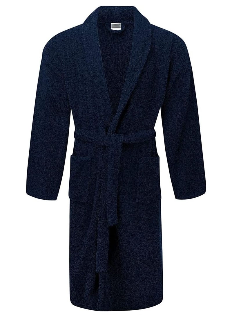 Terry AR Linen Shawl Collar Bathrobe With Slippers for Women and Men Lightweight Robe Navy Blue Medium