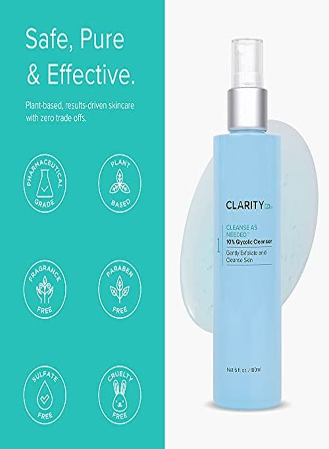 Cleanse As Needed 10% Glycolic Acid Facial Cleanser, Plant Based Exfoliating Face Wash, Paraben Free, Natural Skin Care (4 Fl Oz)